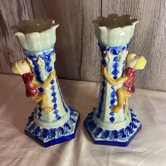 Vintage majolica grand millennial hanging monkey pillar candle holders - Picture 4 of 4